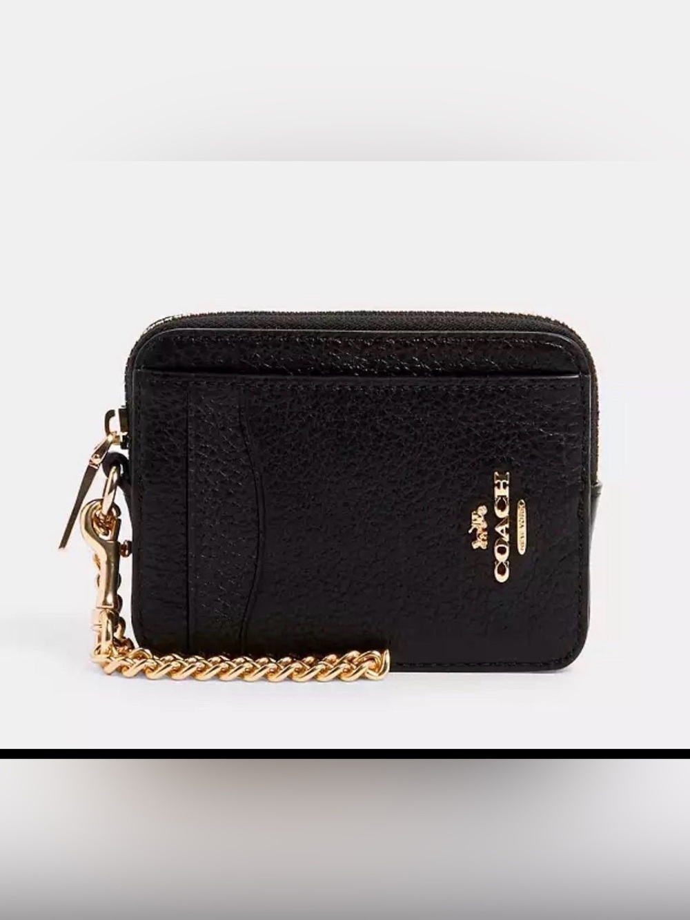 Coach Black Pebble Leather Zip Card Case with Gold Chain Accent